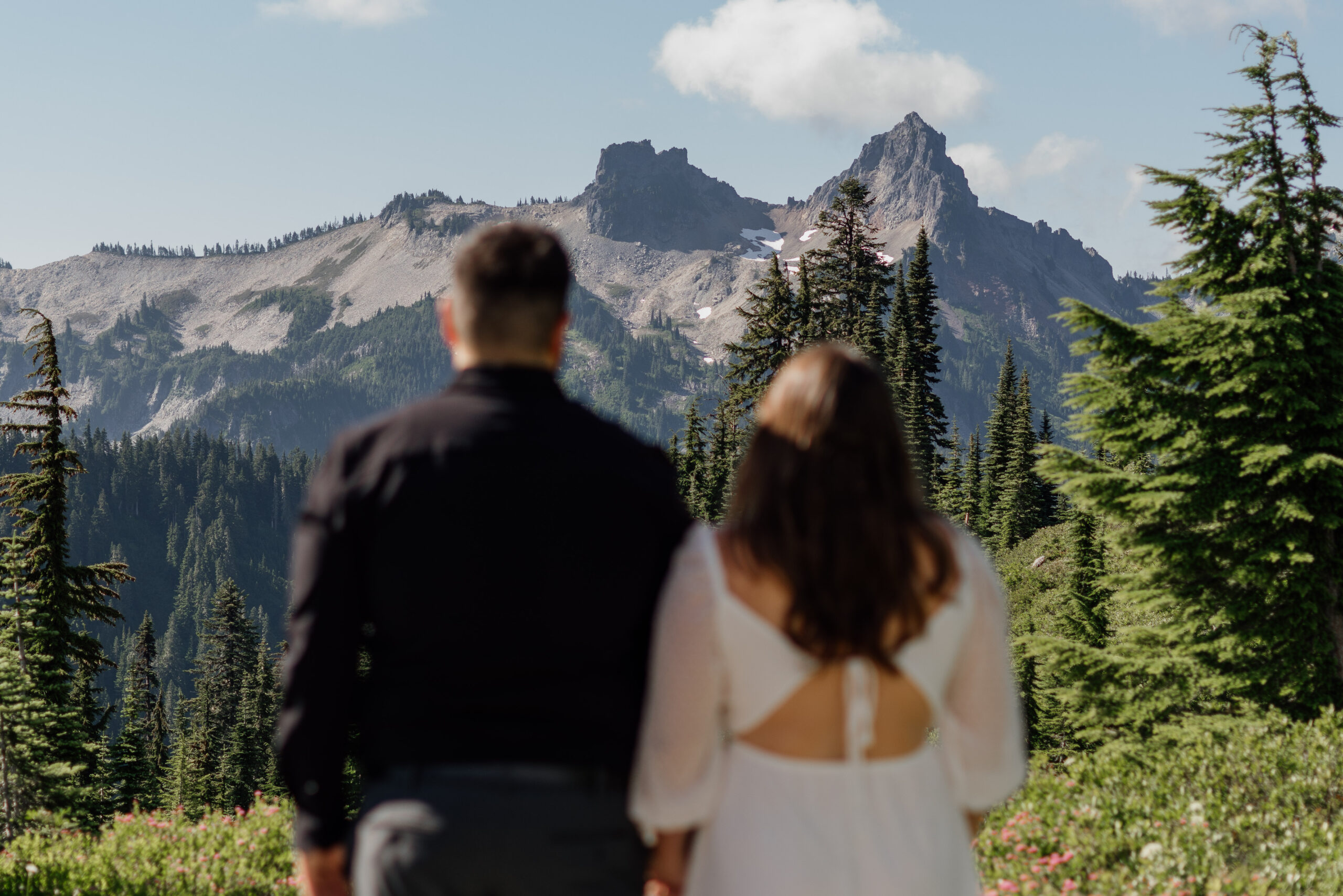Couple looking at in focus mountains at Mount Rainier National Park during their adventure engagement session.
