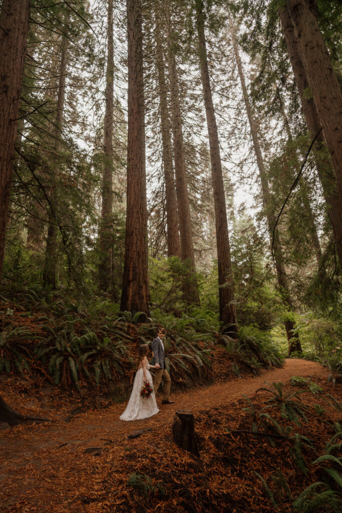 couple walking along trail at Hoyt Arboretum after their Redwood Deck Elopement.