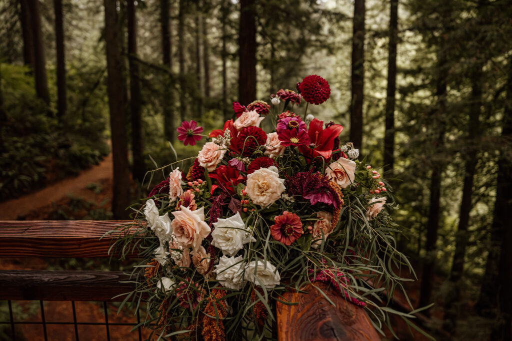 Floral install on the Redwood Deck at Hoyt Arboretum in Portland, Oregon.