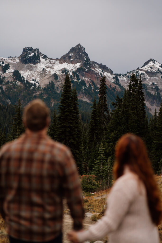 Couple looking out at mountain during their Mount Rainier National Park Engagement Photos.