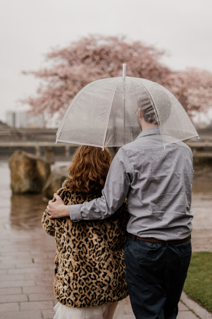 Couple walking under a clear umbrella at Tom McCall park in Portland after their Multnomah County Courthouse Elopement.