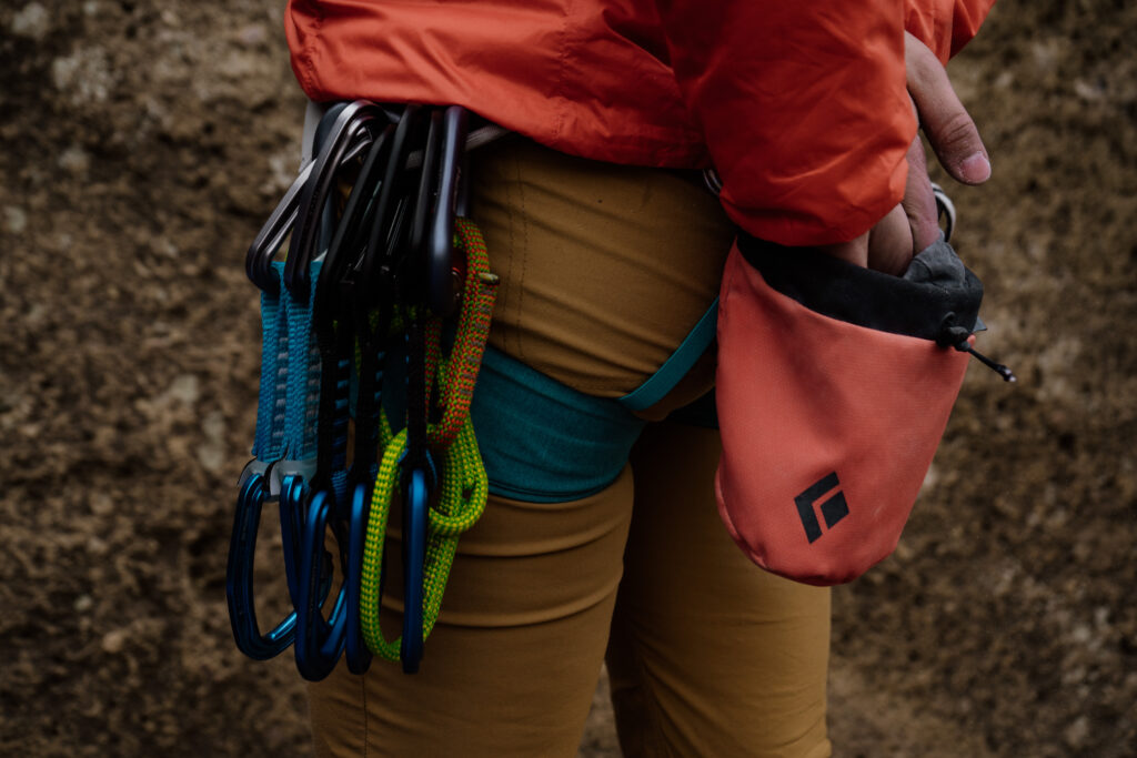 Close up of chalk bag during a Climbing Adventure Photo Session at Smith Rock State Park.