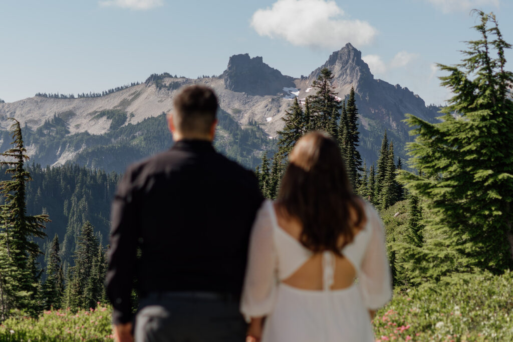 Couple looking at the mountains, during their engagement photos at Mount Rainier National Park in Washington.