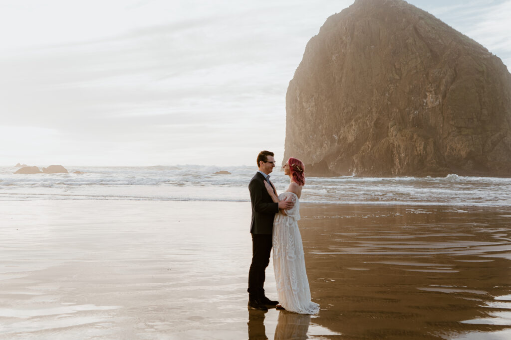 Bride and Groom during their first dance at Cannon Beach during their Oregon Coast Elopement.