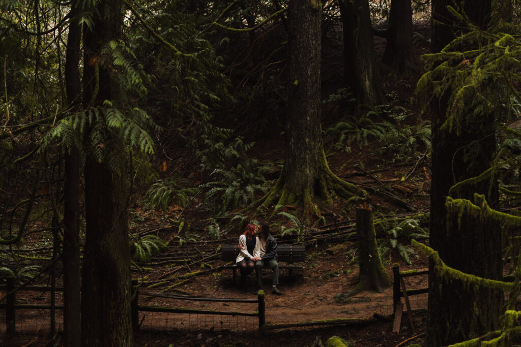 Long shot of couple sitting on bench looking at each other during their twilight vibes engagement session.