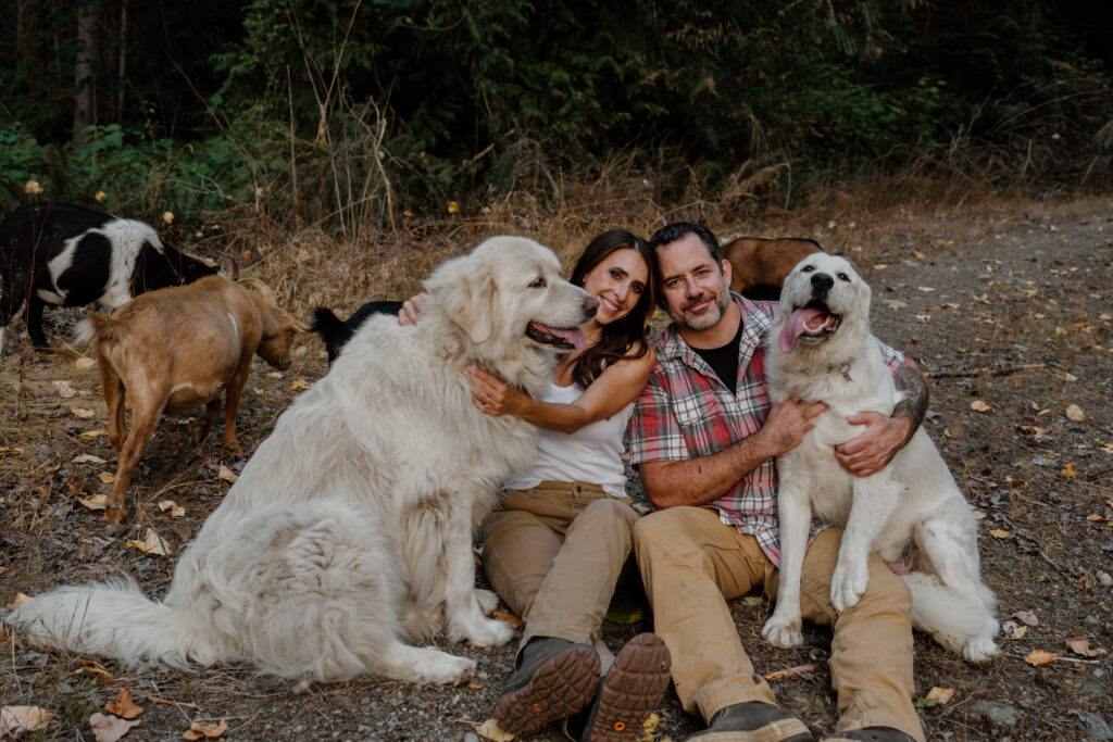 Man and woman surrounded by goats and dogs sitting on the ground during their engagement photos.