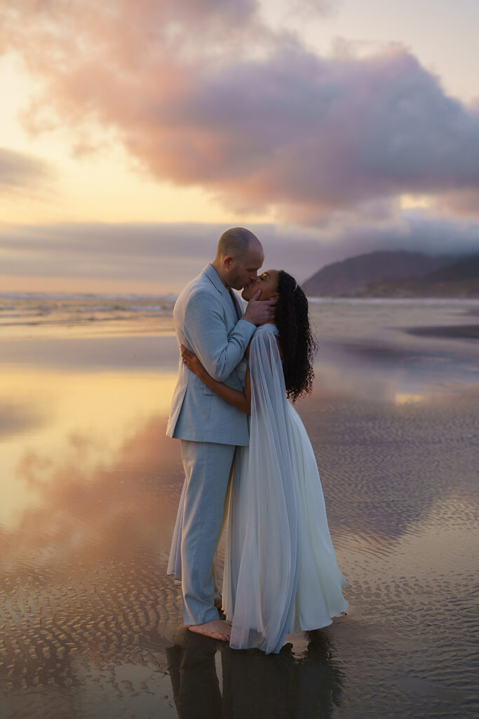 Cotton candy skies surround bride and groom during their post-nuptial shoot