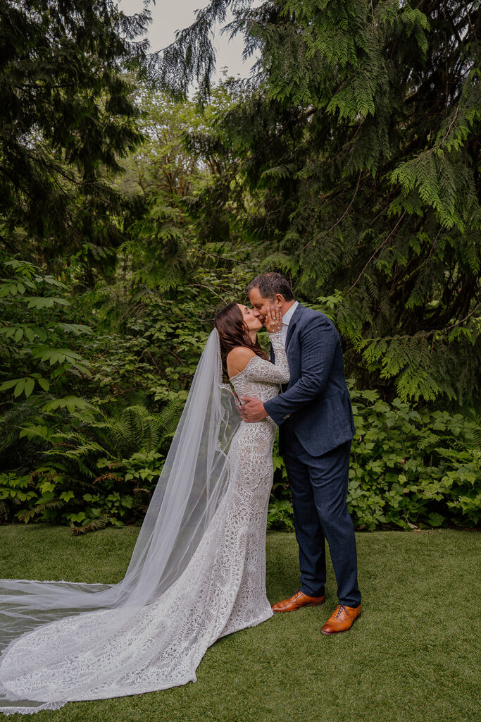 First look surrounded by green foliage and mossy forests