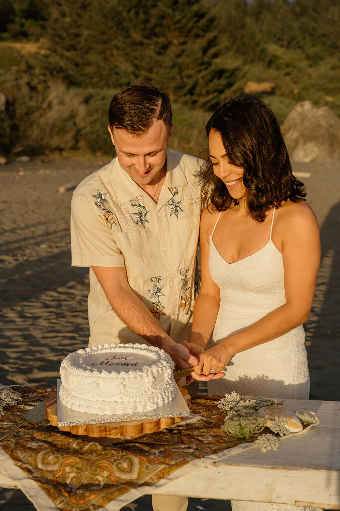 Bride and groom cut into a white wedding cake after their Oregon micro wedding ceremony