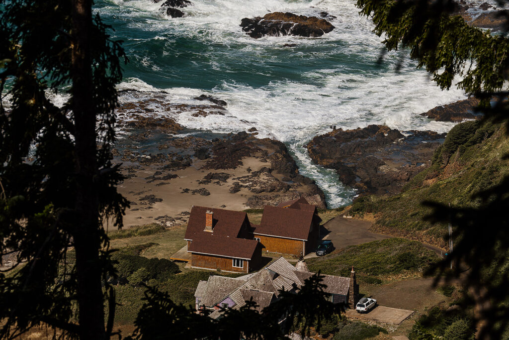 A birds eye view of a Cape Perpetua Airbnb near the ocean