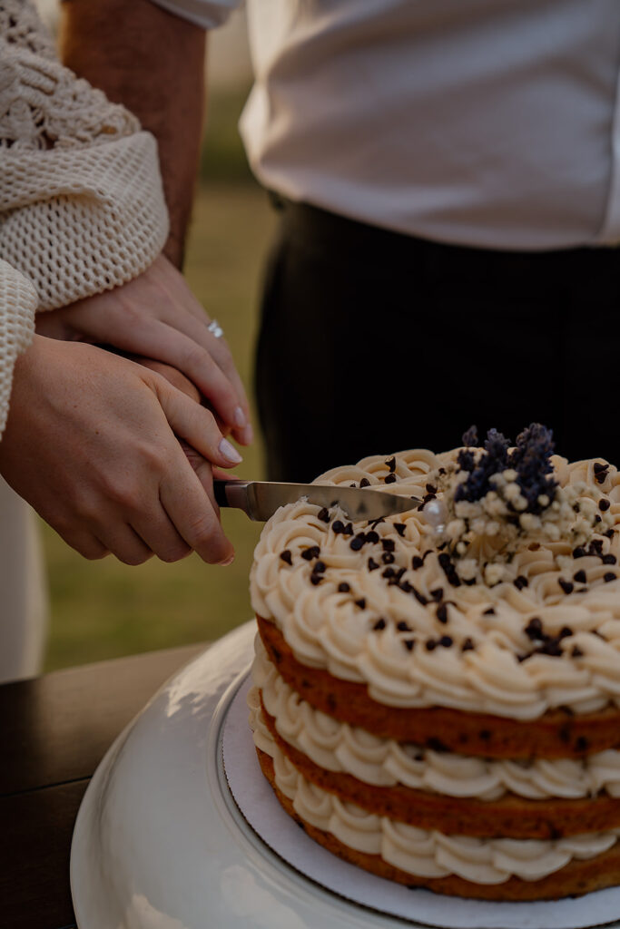 Bride and groom cut their cake after their Oregon Coast elopement ceremony