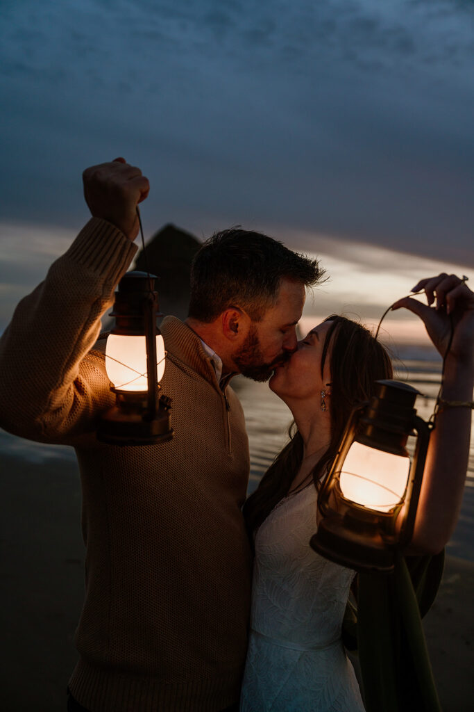 Night Time lantern couple portraits on Cannon Beach after an Ecola State Park elopement day