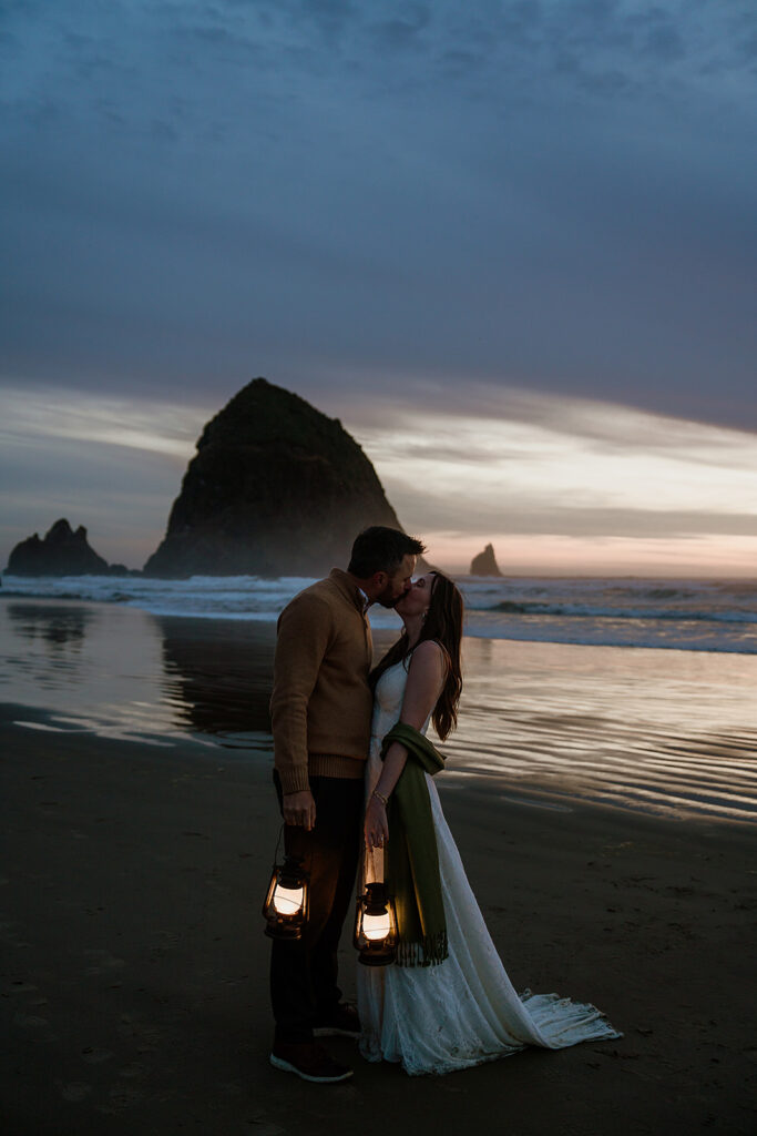 Night Time lantern couple portraits on Cannon Beach after an Ecola State Park elopement day