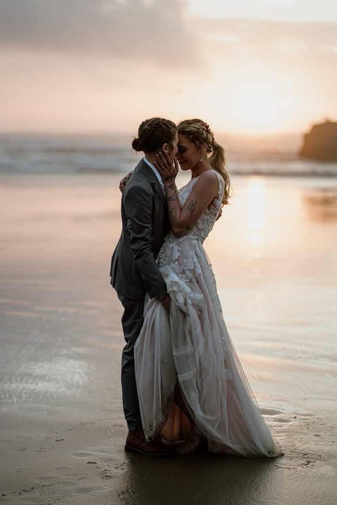 Sunset Cannon Beach elopement pictures two brides