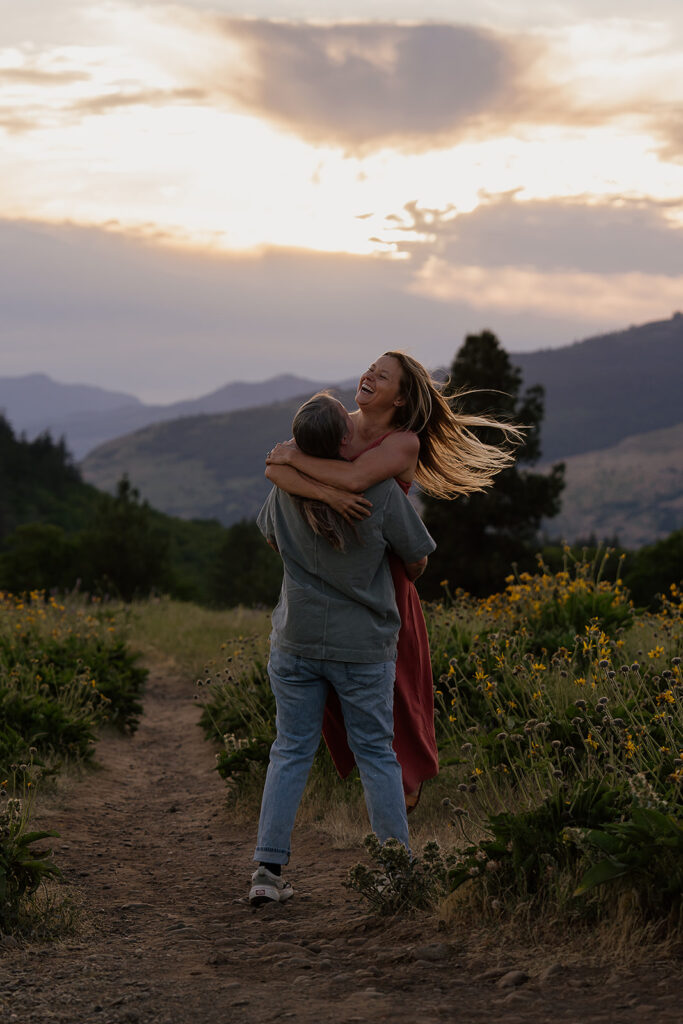 Playful couple pictures in the Columbia River Gorge at sunset
