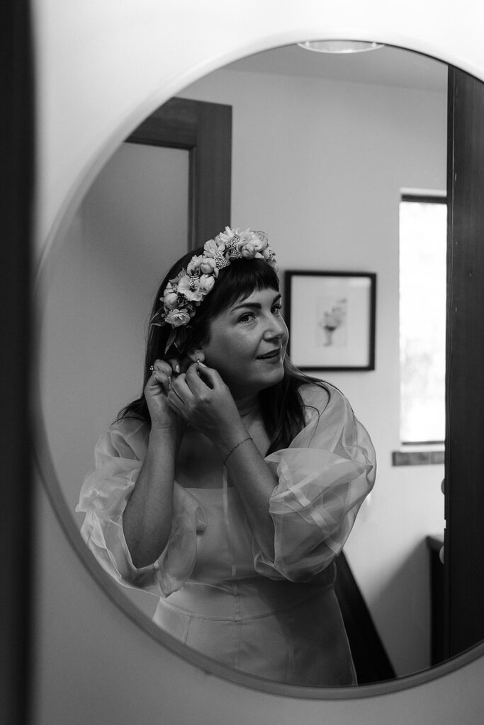 Bride getting ready at her Mount Hood Airbnb for an elopement