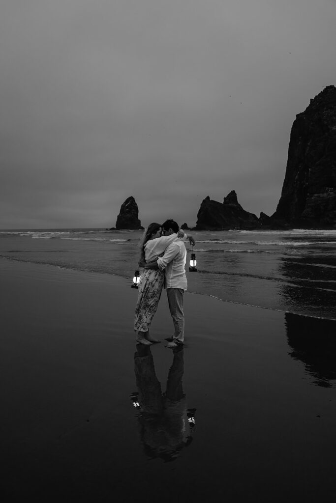 Cannon Beach couple's photoshoot with lanterns