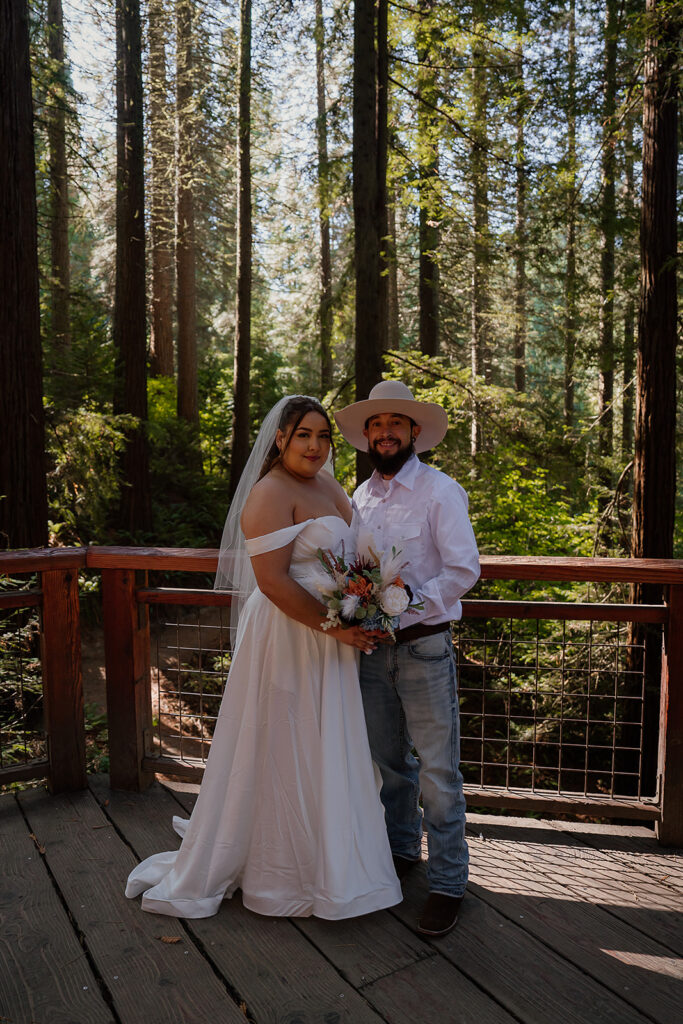 Bride and groom portraits at Hoyt Arboretum on the Redwood Deck
