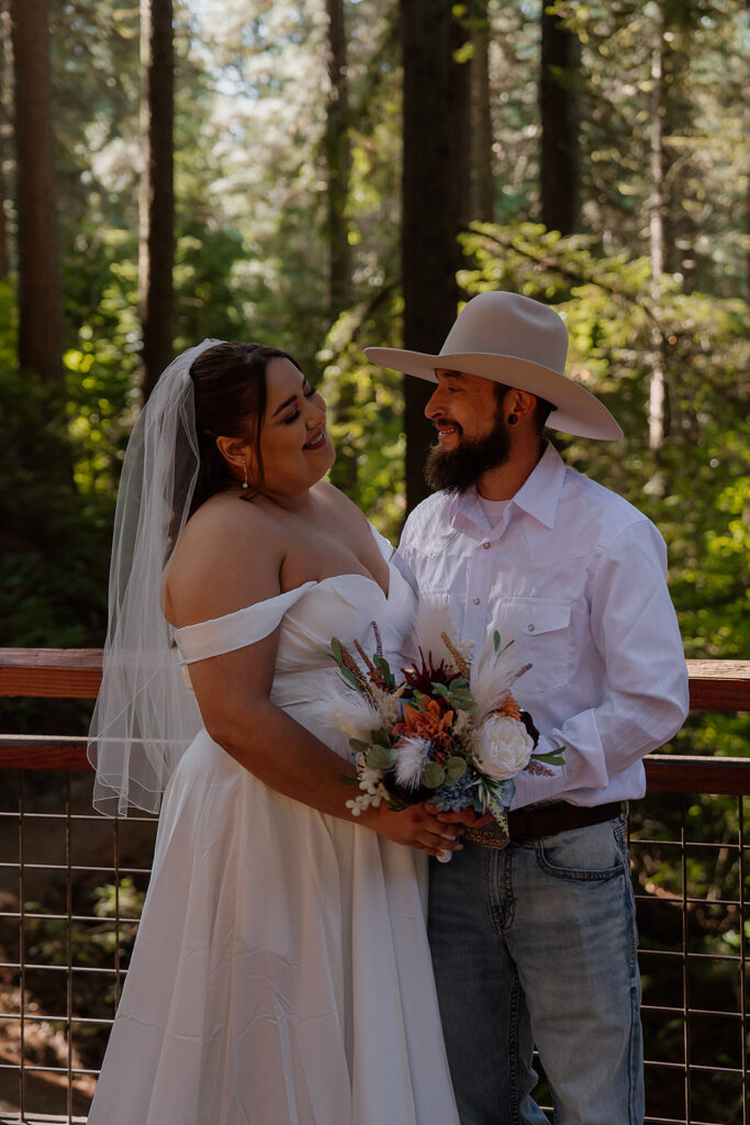 Bride and groom portraits at Hoyt Arboretum on the Redwood Deck