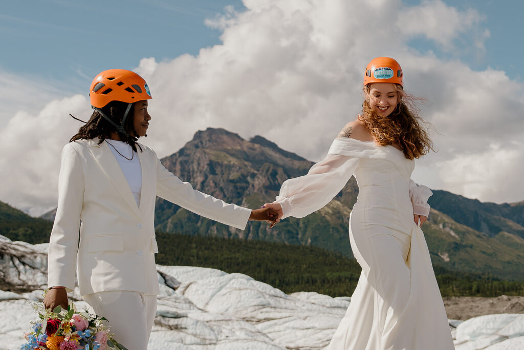 Couple hikes onto Matanuska Glacier in Alaska