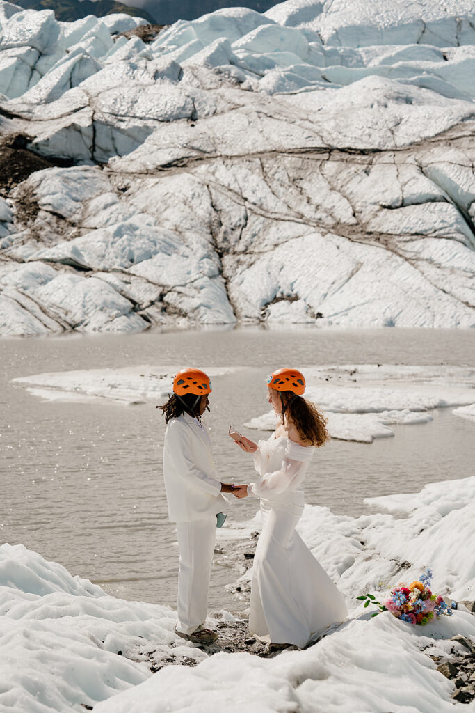 Alaska glacier elopement ceremony on a sunny summer day