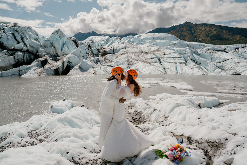Alaska glacier elopement ceremony on a sunny summer day