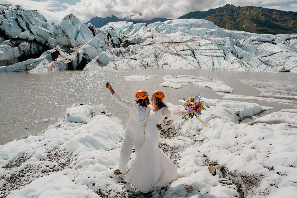 Alaska glacier elopement ceremony on a sunny summer day
