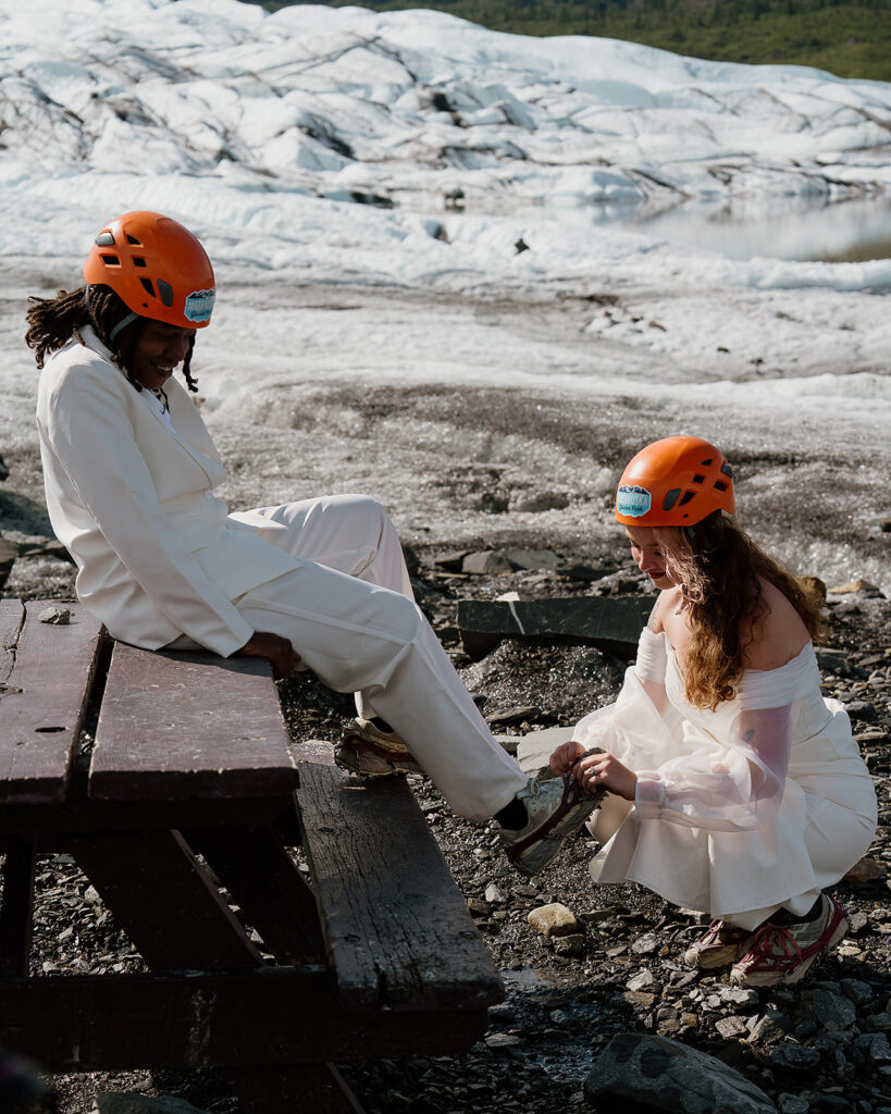Couple getting ready for their Alaska glacier elopement