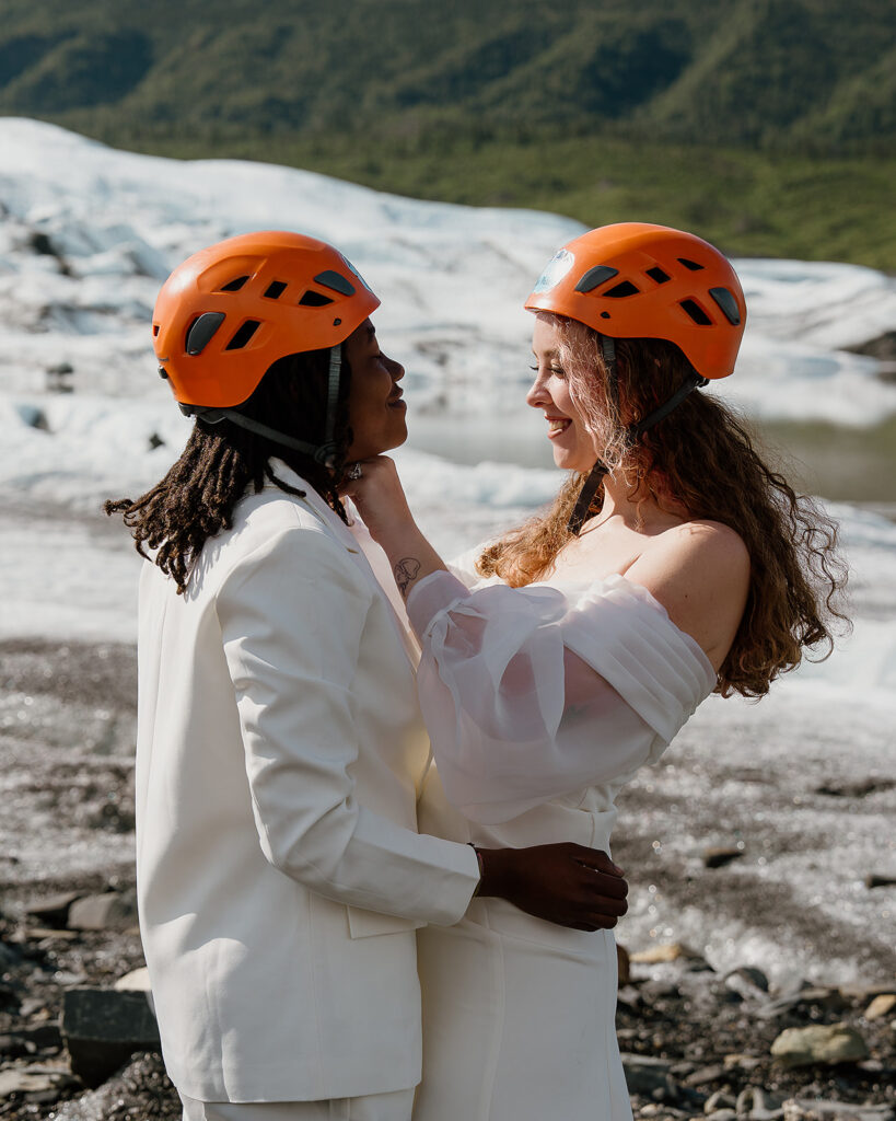 Couple getting ready for their Alaska glacier elopement
