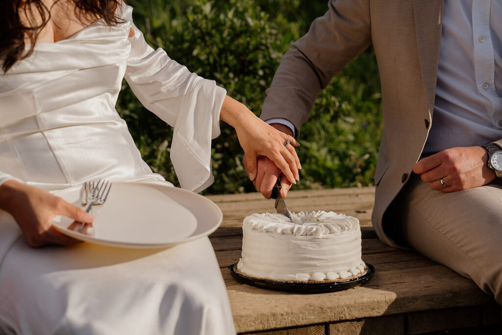 Couple cutting a small cake outdoors during their intimate Alaska elopement celebration