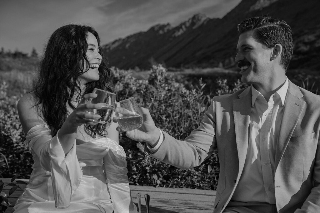 Close-up of bride laughing during her Anchorage Alaska elopement with soft natural light