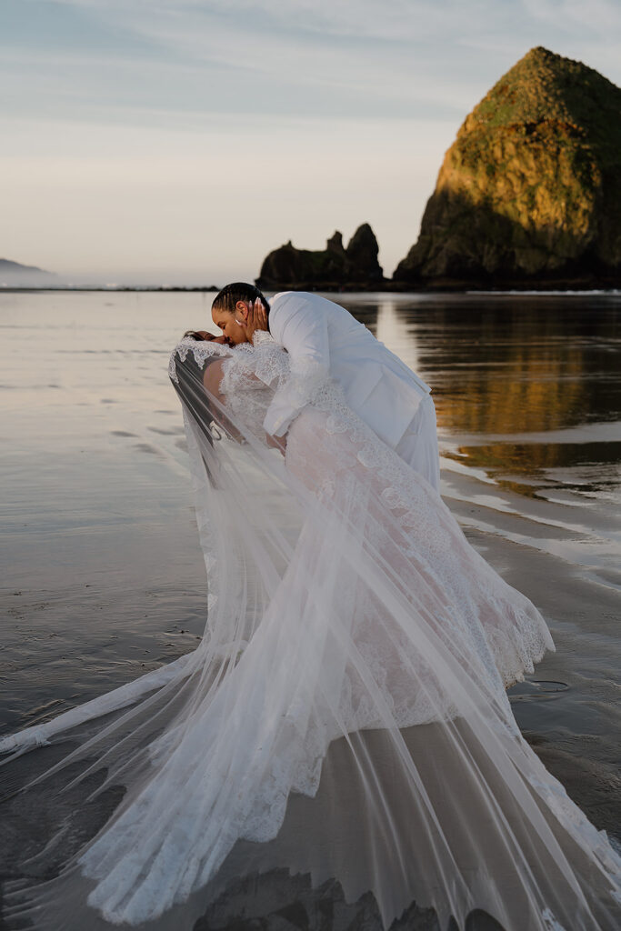 Intimate Cannon Beach wedding ceremony at sunrise