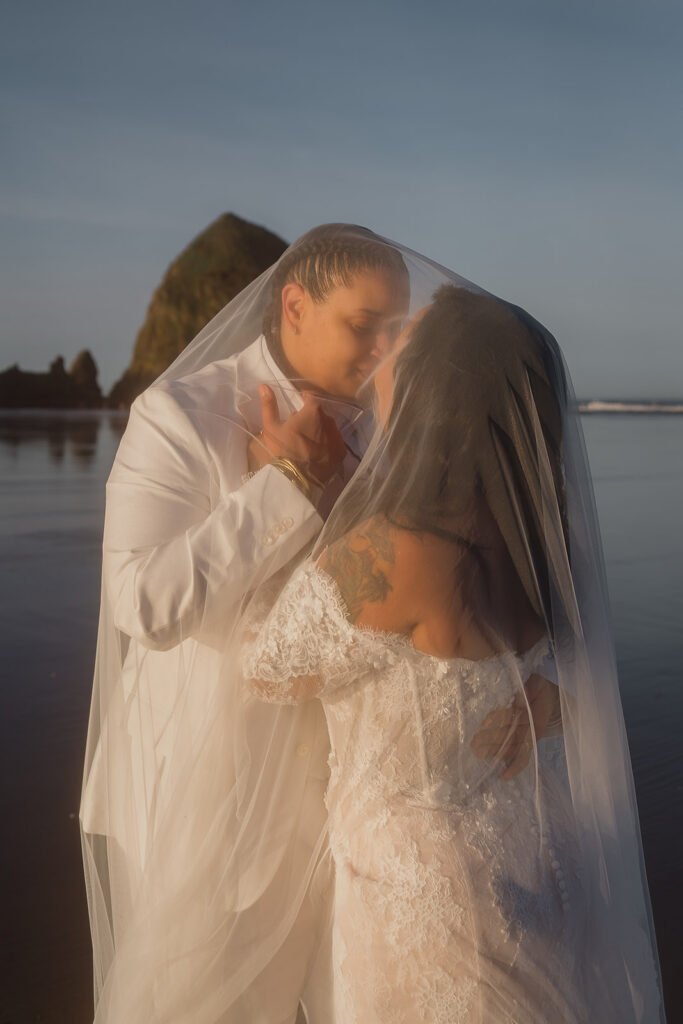 Cinematic sunrise Cannon Beach elopement portraits