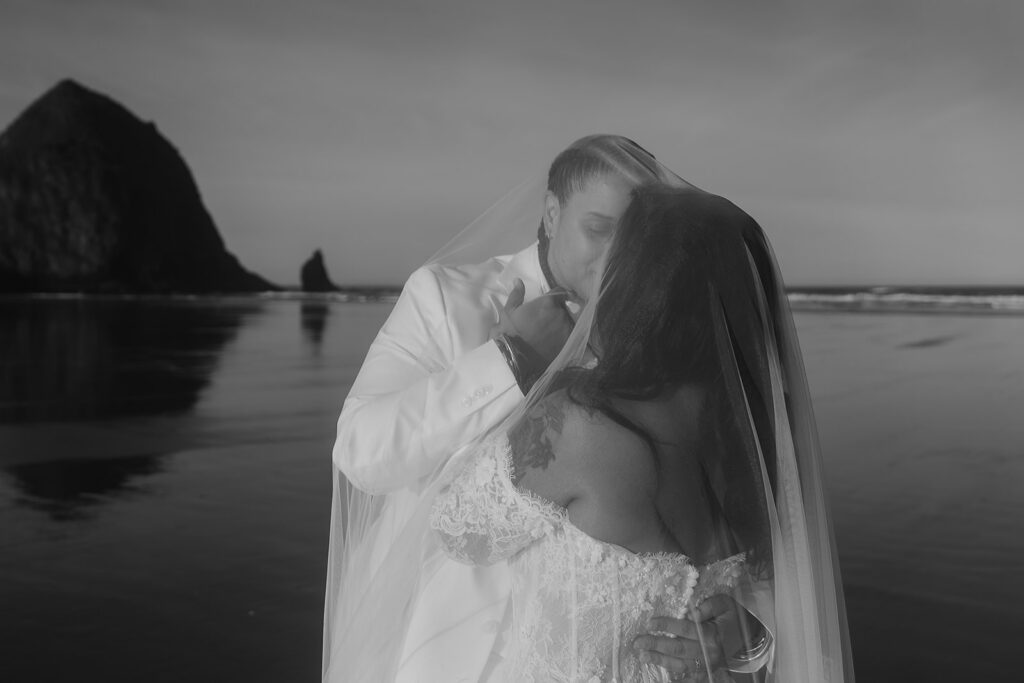 Cinematic sunrise Cannon Beach elopement portraits