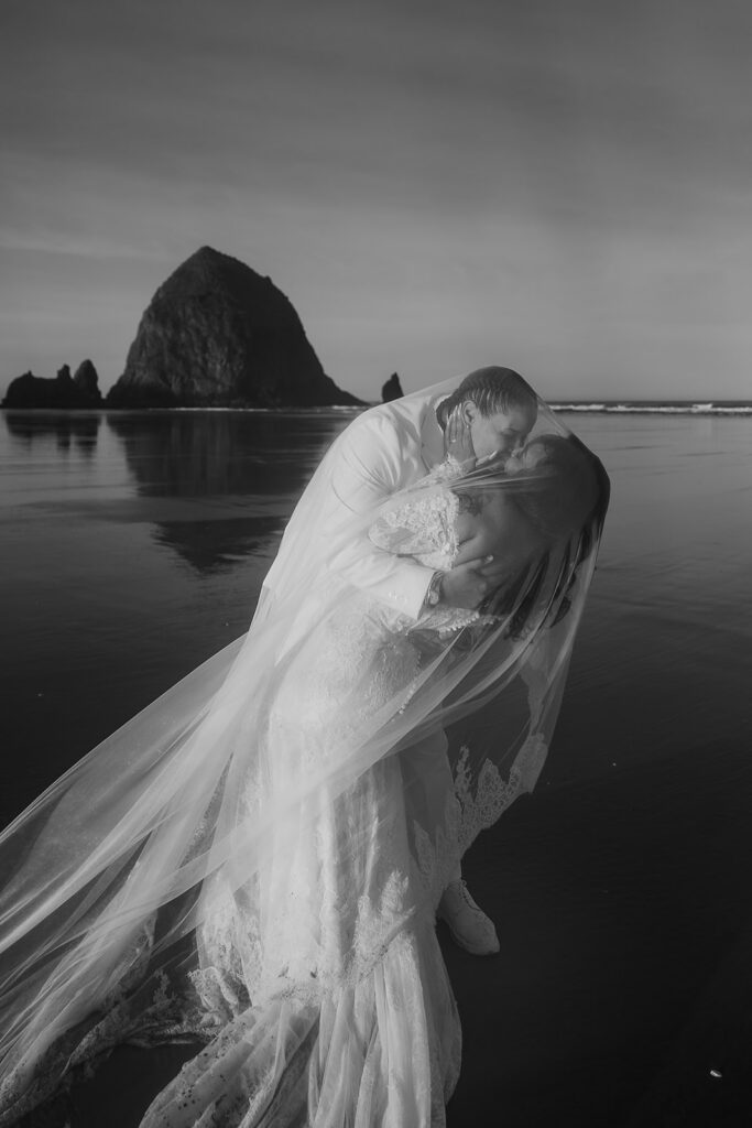Cinematic sunrise Cannon Beach elopement portraits