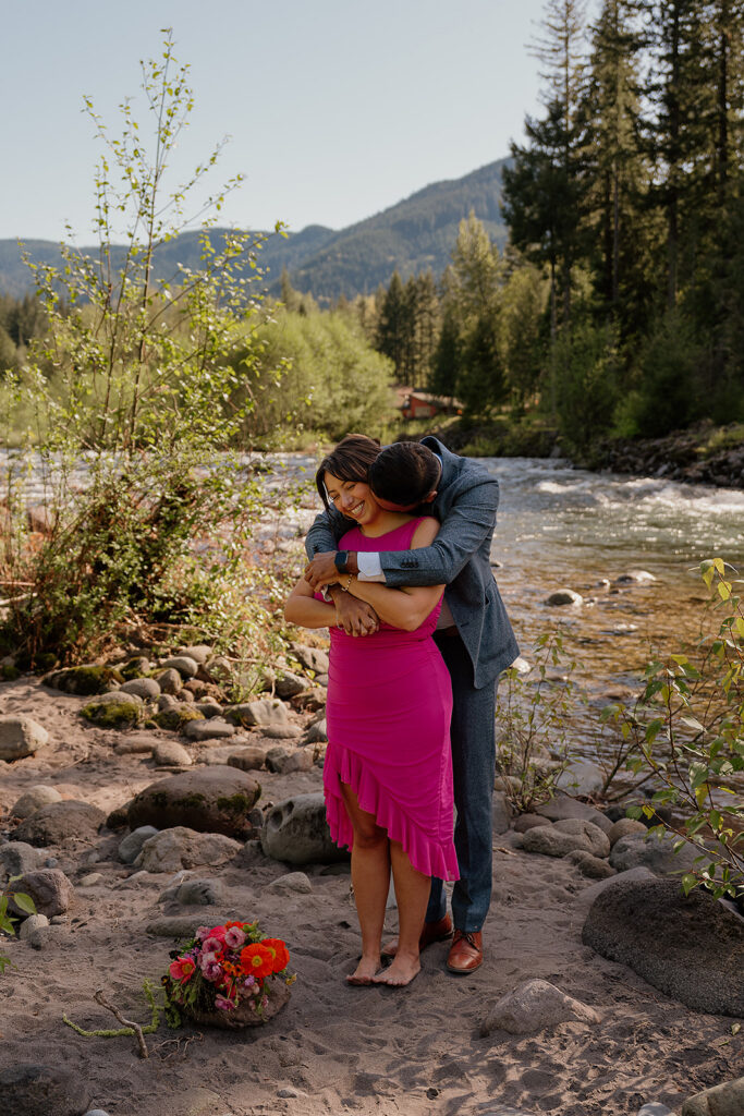 Mount Hood spring engagement photos near Sandy River