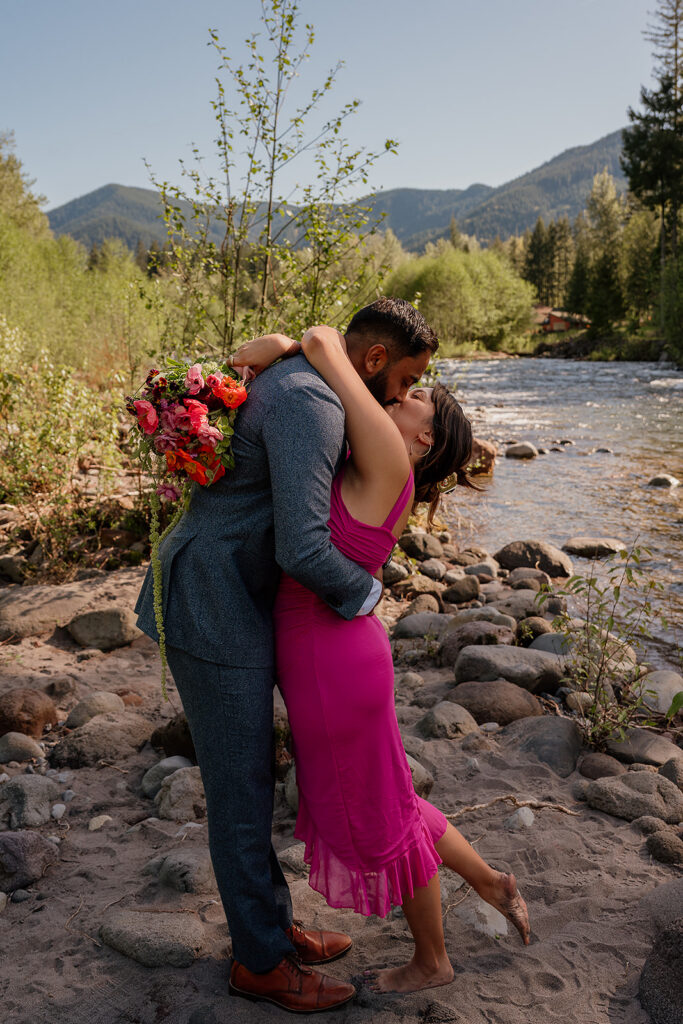 Mount Hood spring engagement photos near Sandy River