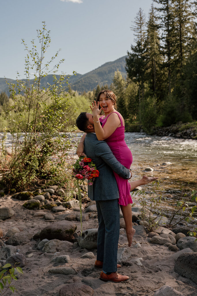 Spring engagement photos near Mount Hood after a surprise proposal