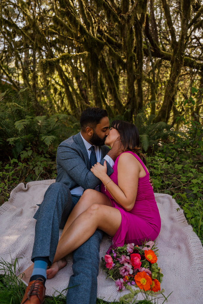 Spring engagement photos near Mount Hood after a surprise proposal