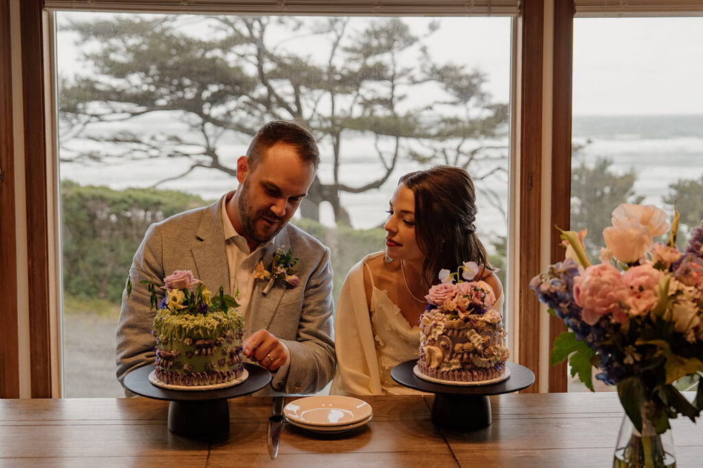 Bride and groom cut their personal cakes after an emotional Cannon Beach wedding ceremony