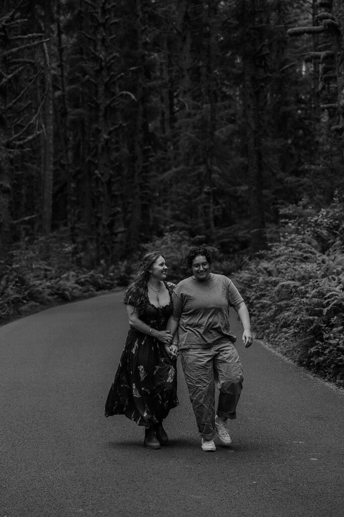 Engagement photos in the forest at Ecola State Park