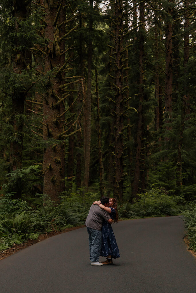 Engagement photos in the forest at Ecola State Park
