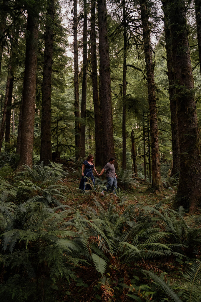 Engagement photos in the forest at Ecola State Park