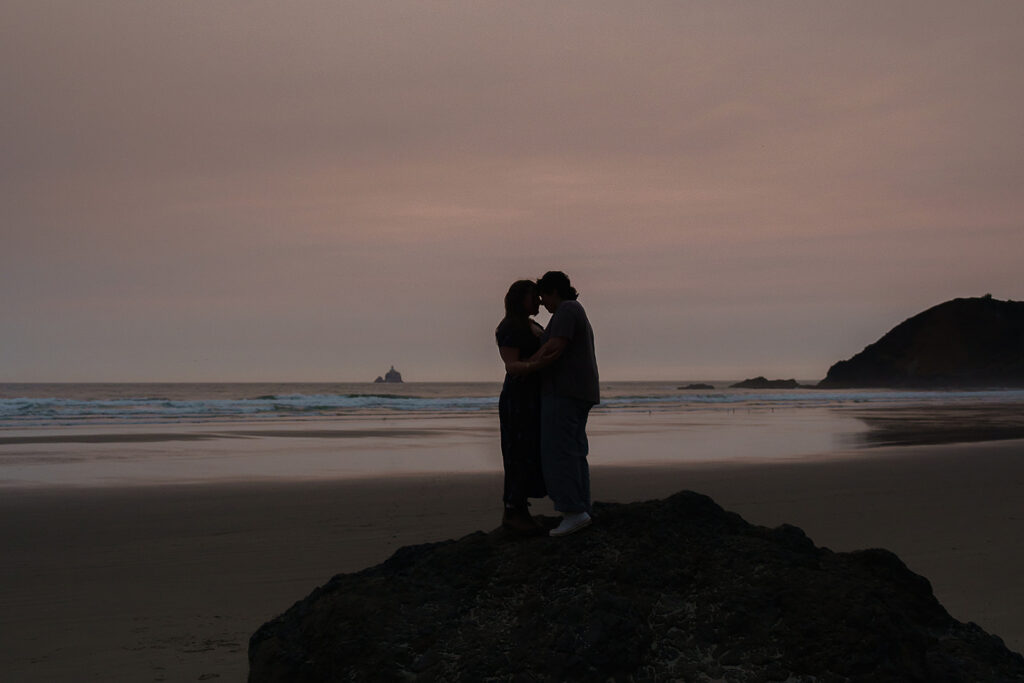 Sunset Indian Beach engagement photos on the Oregon Coast after a surprise proposal